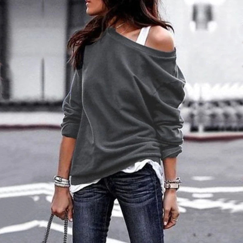 Zachte off-shoulder herfst sweater met ontspannen pasvorm – Dames