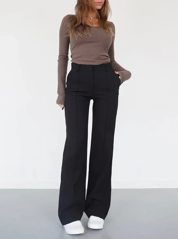 Elegante effen flair broek met hoge taille - Dames