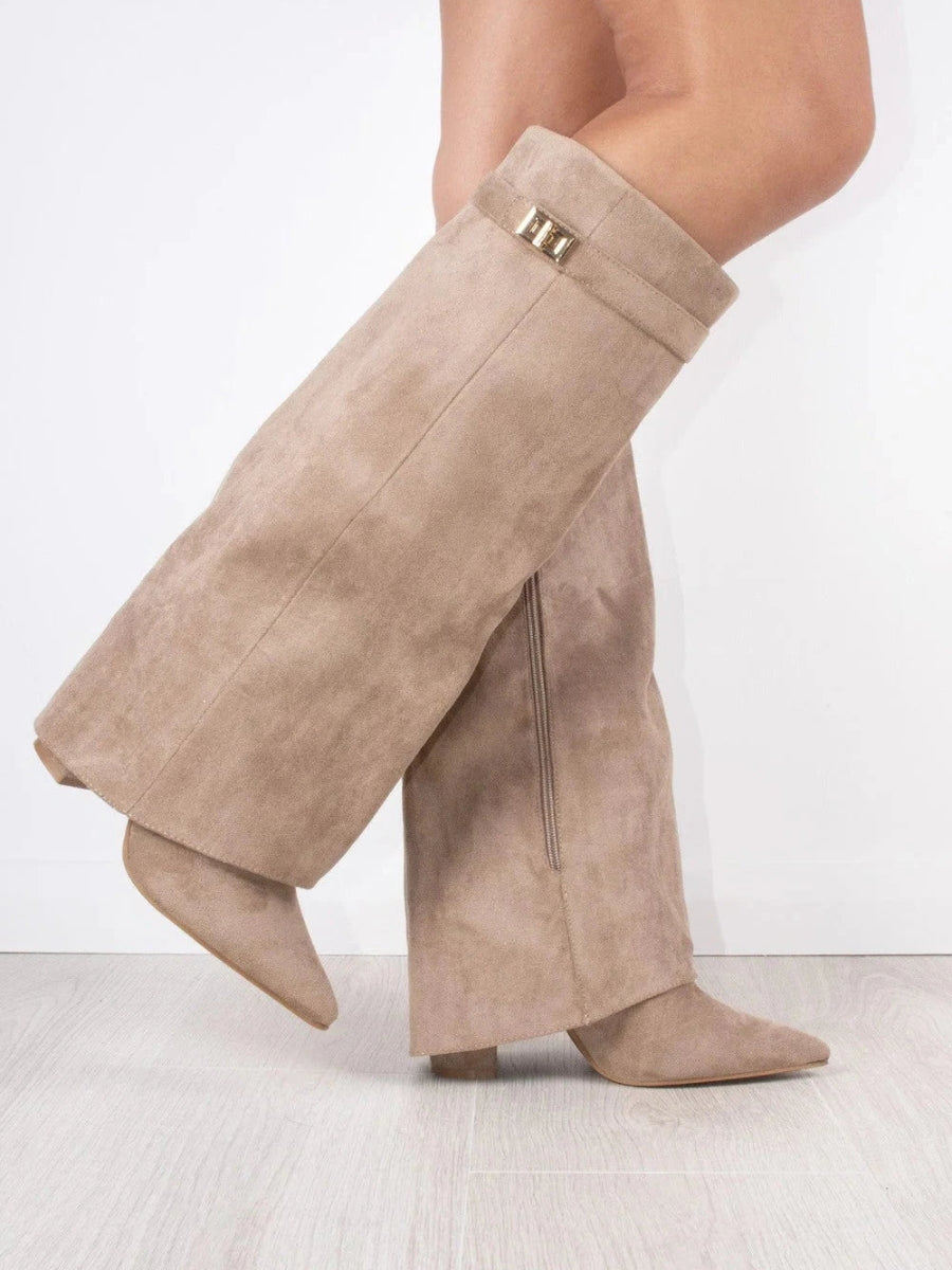 Elegante suède laarzen met hoge schacht en gouden detail – Dames