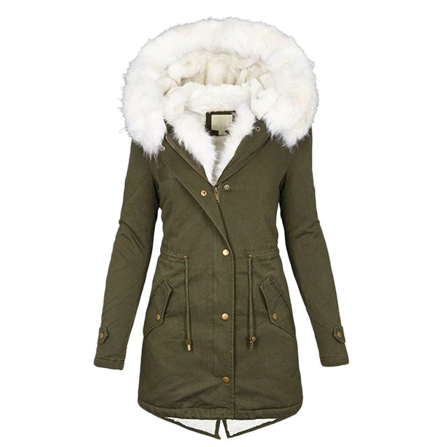 Lange winterjas met capuchon en bontkraag – Dames