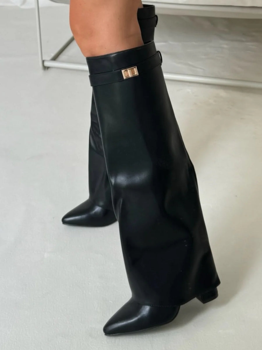 Elegante suède laarzen met hoge schacht en gouden detail – Dames