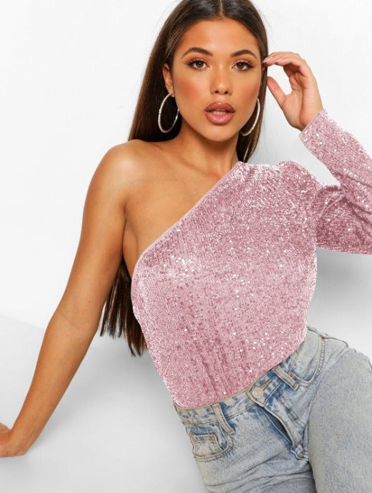 Stijlvolle one-shoulder top met pailletten en stretch – Dames