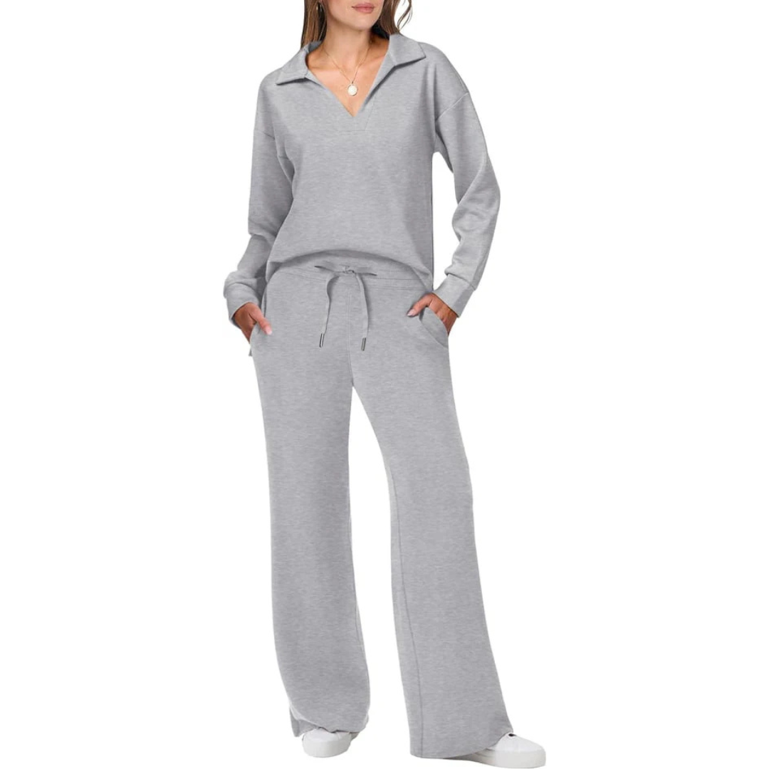 Tweedelig lounge set met V-hals top en losse broek – Dames