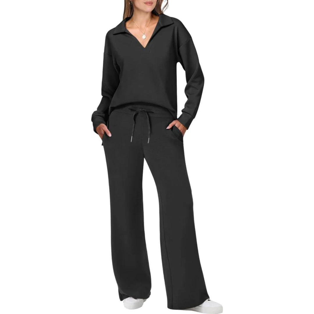 Tweedelig lounge set met V-hals top en losse broek – Dames