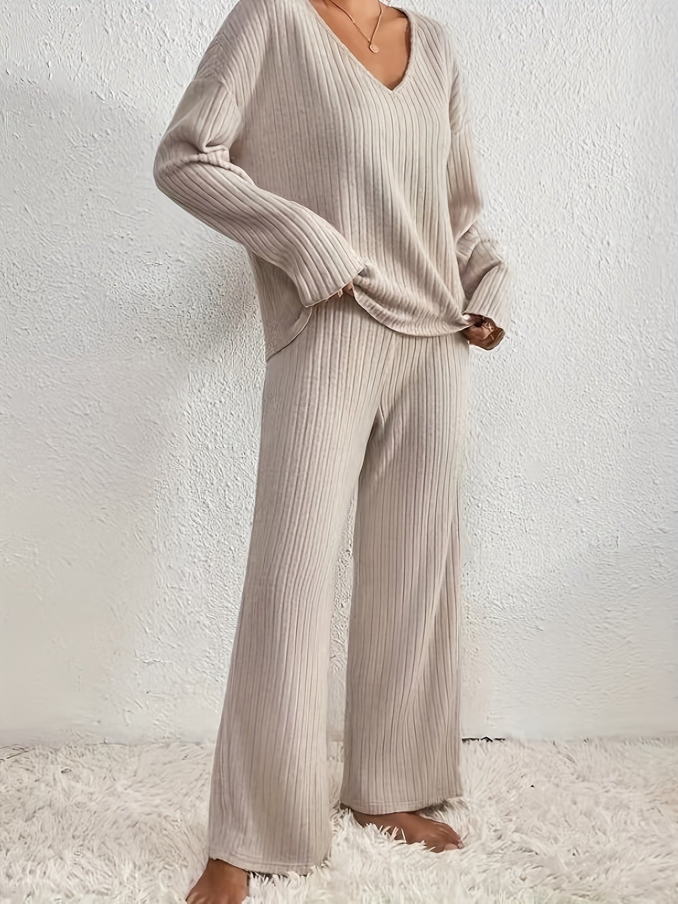 Comfortabele rib gebreide pyjama set met lange mouwen - Dames