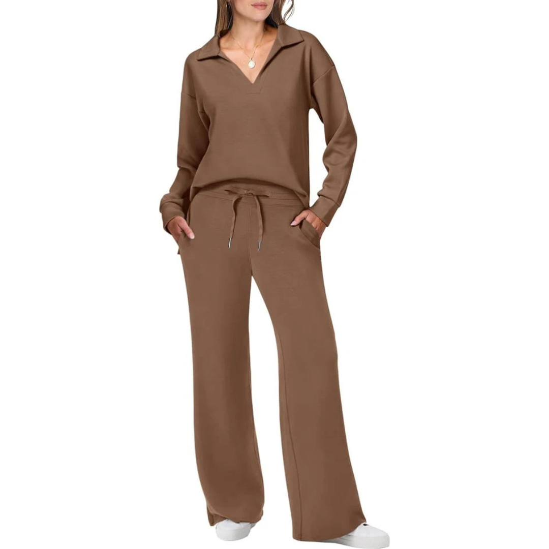 Tweedelig lounge set met V-hals top en losse broek – Dames