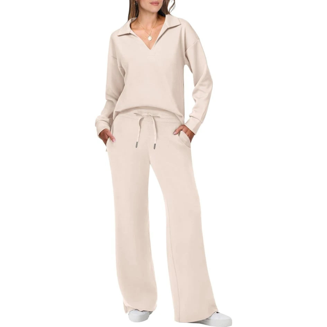 Tweedelig lounge set met V-hals top en losse broek – Dames