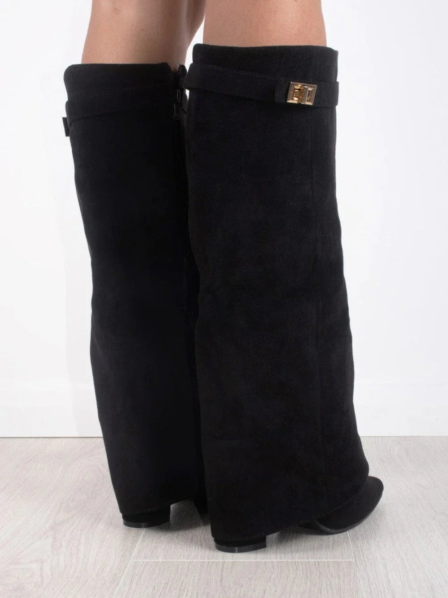 Elegante suède laarzen met hoge schacht en gouden detail – Dames
