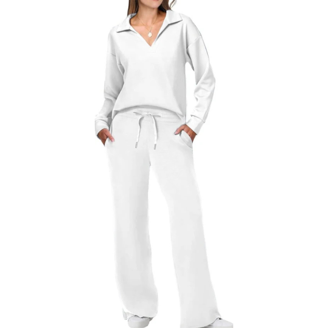 Tweedelig lounge set met V-hals top en losse broek – Dames