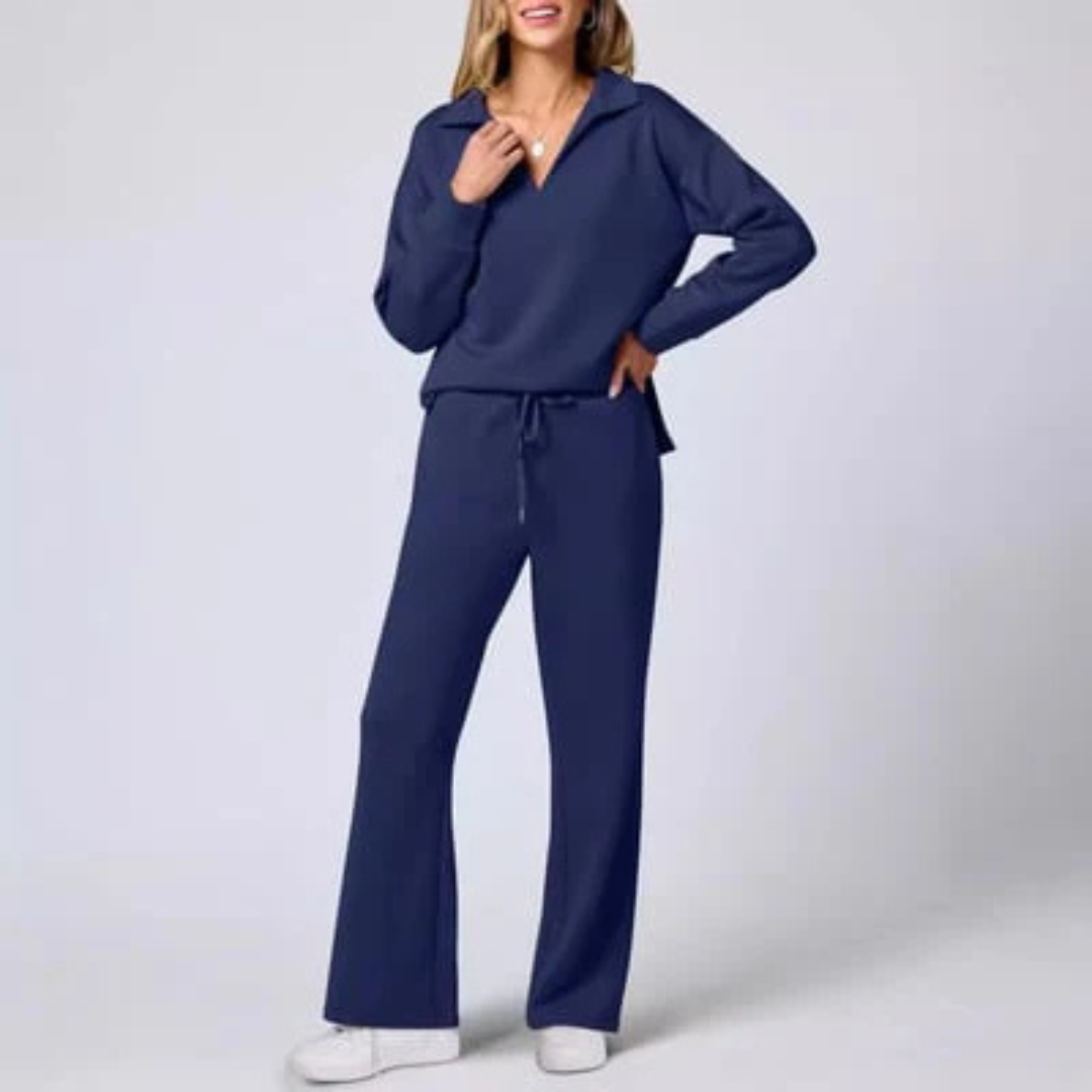 Tweedelig lounge set met V-hals top en losse broek – Dames