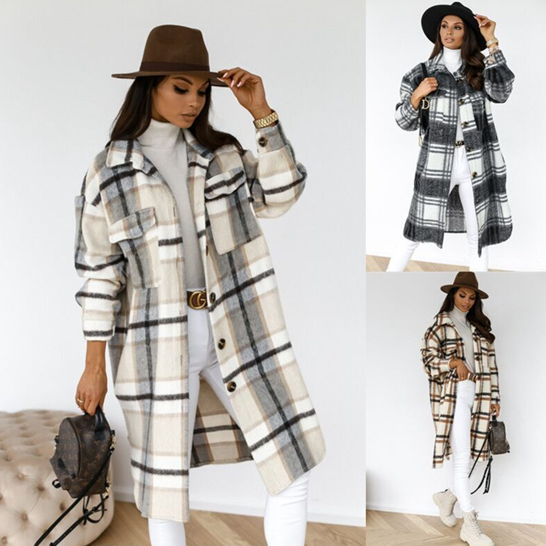 Lange geruite winterjas met tijdloze charme – Dames