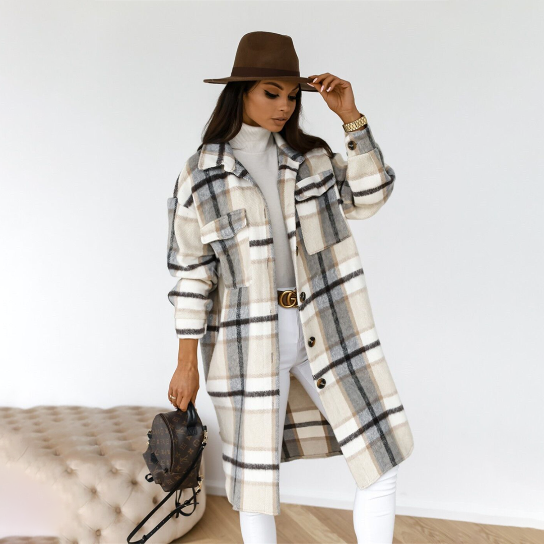 Lange geruite winterjas met tijdloze charme – Dames