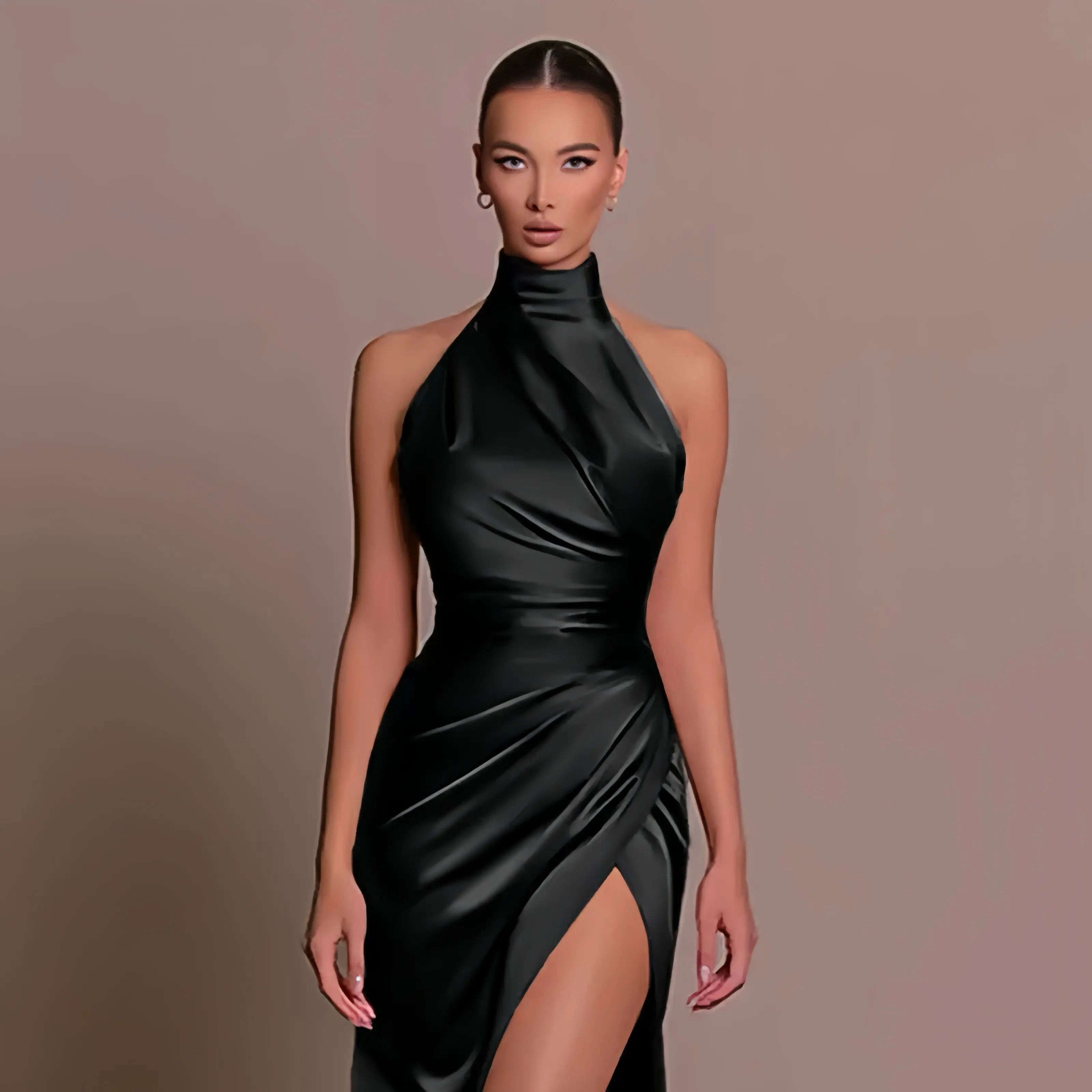 Elegante verleidelijke satijnen halter avondjurk – Dames