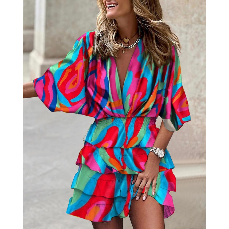 Elegante zomerse v-hals jurk met ruffle ontwerp - Dames