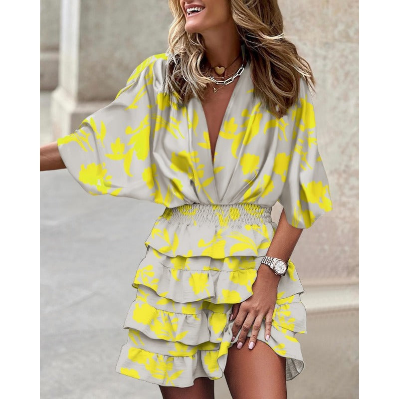 Elegante zomerse v-hals jurk met ruffle ontwerp - Dames
