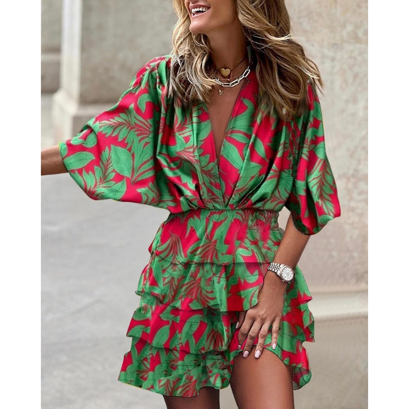 Elegante zomerse v-hals jurk met ruffle ontwerp - Dames