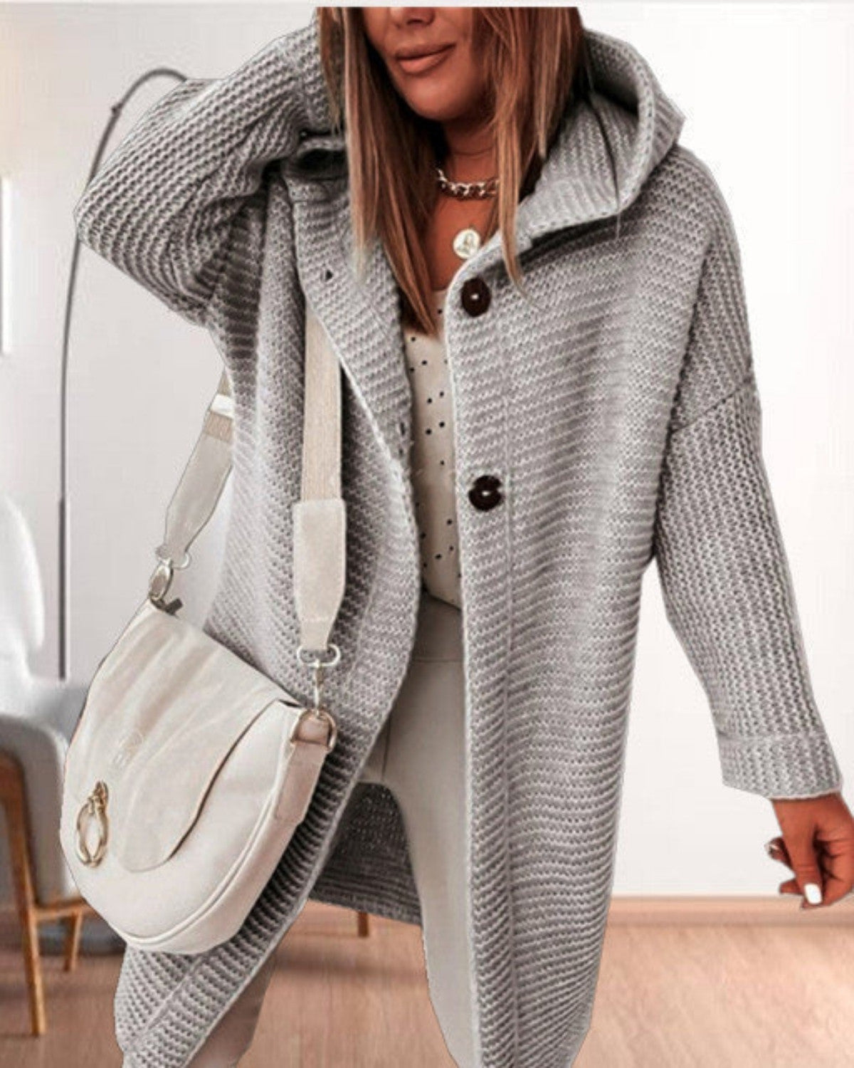 Casual gebreide jas met capuchon en knoopsluiting – Dames
