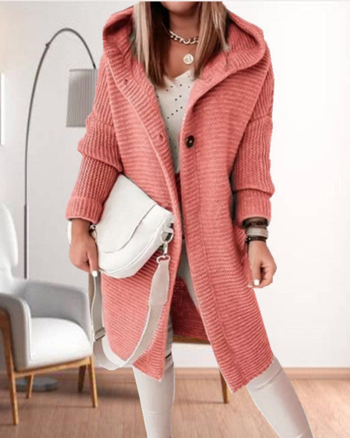 Casual gebreide jas met capuchon en knoopsluiting – Dames