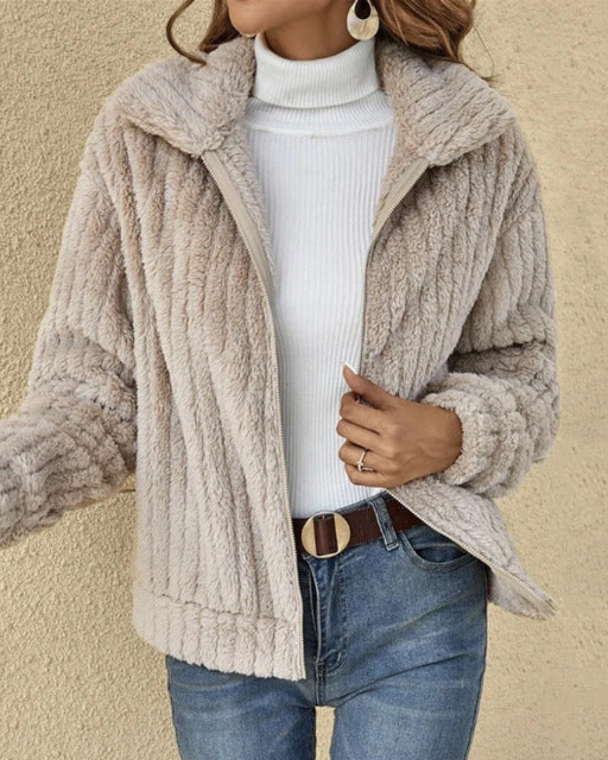 Casual pluche winterjas met rits en effen design – Dames