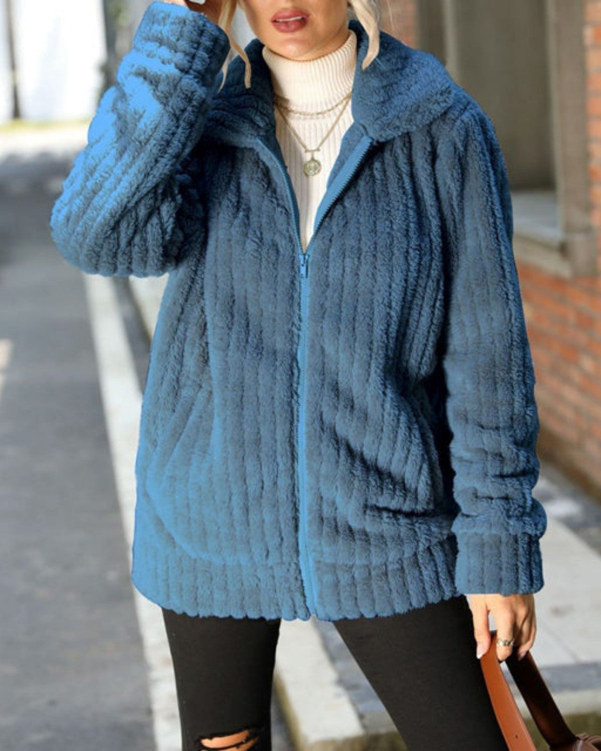 Casual pluche winterjas met rits en effen design – Dames