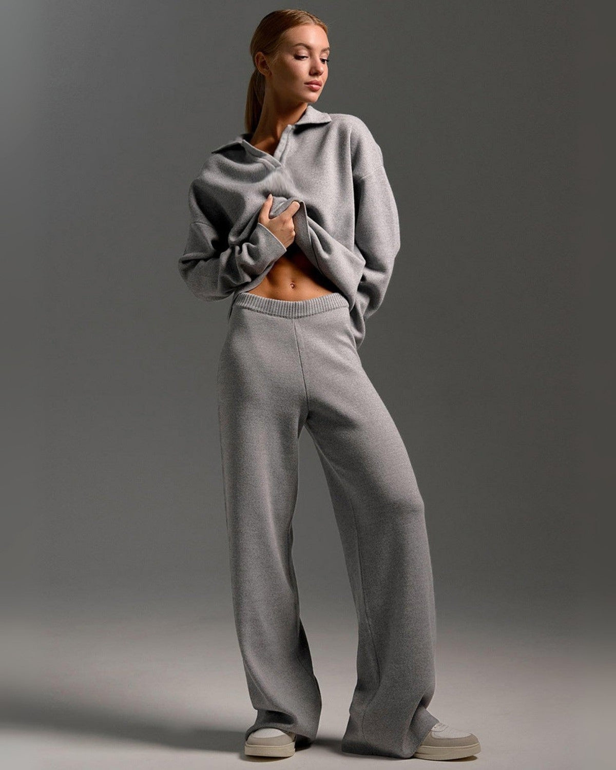 Comfortabele loungewear herfst set gebreid met oversized trui en wijde broek – Dames