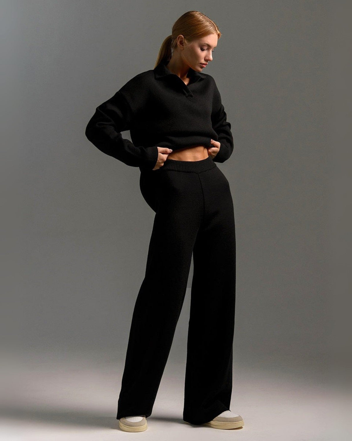 Comfortabele loungewear herfst set gebreid met oversized trui en wijde broek – Dames