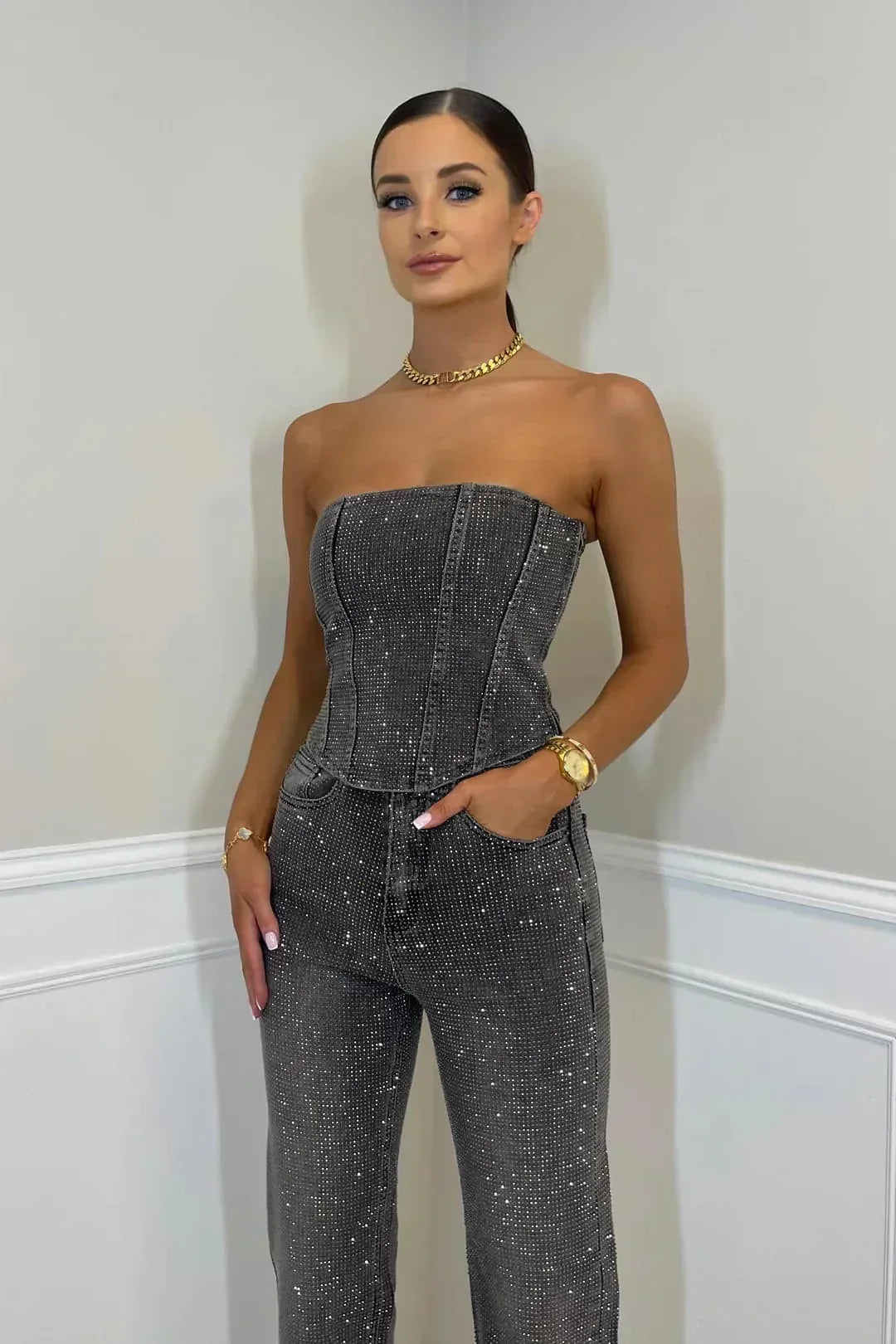 Elegante strapless jumpsuit met glitterdetails en aansluitende pasvorm – Dames