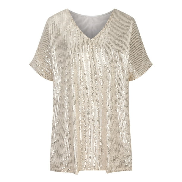 Stijlvol t-shirt met pailletten en v-hals van zachte stof – Dames