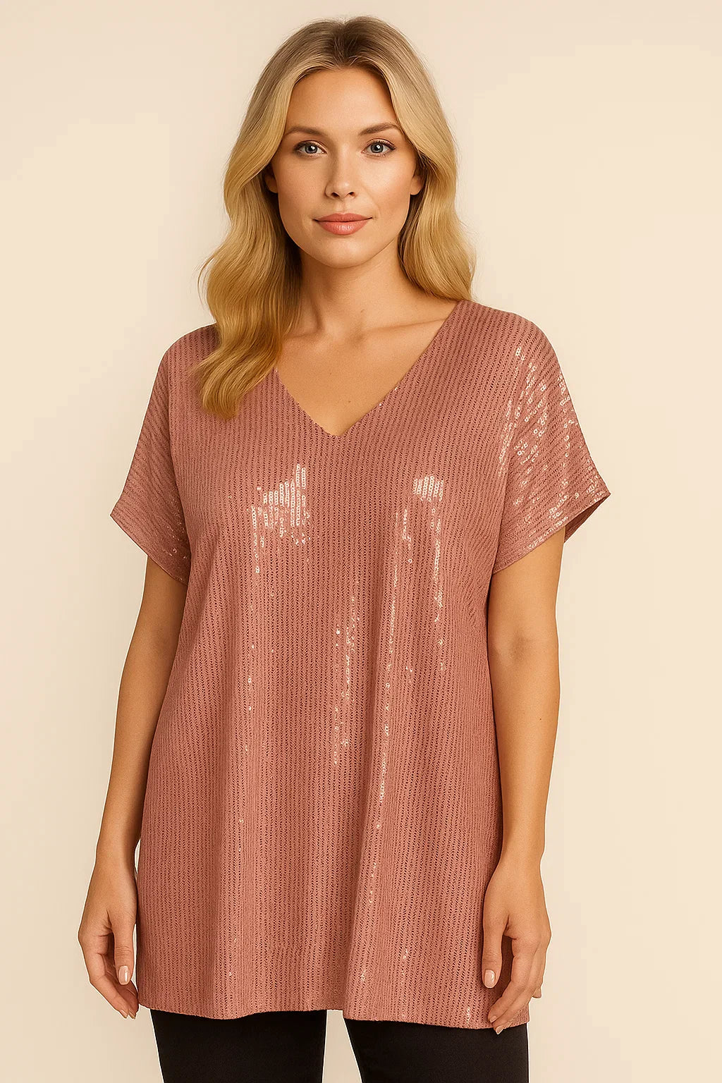 Stijlvol t-shirt met pailletten en v-hals van zachte stof – Dames
