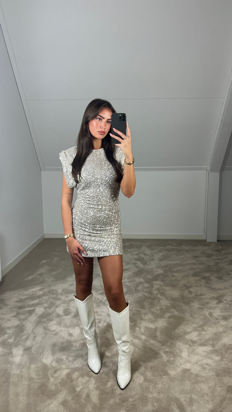 Glamoureuze pailletten mini jurk met schoudervulling – Dames