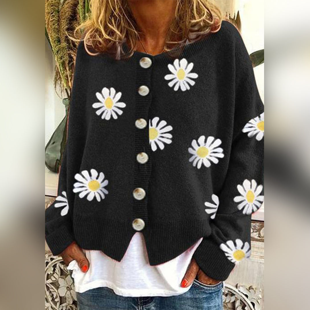 Gebreid vest met knopen en stijlvol bloemenpatroon – Dames