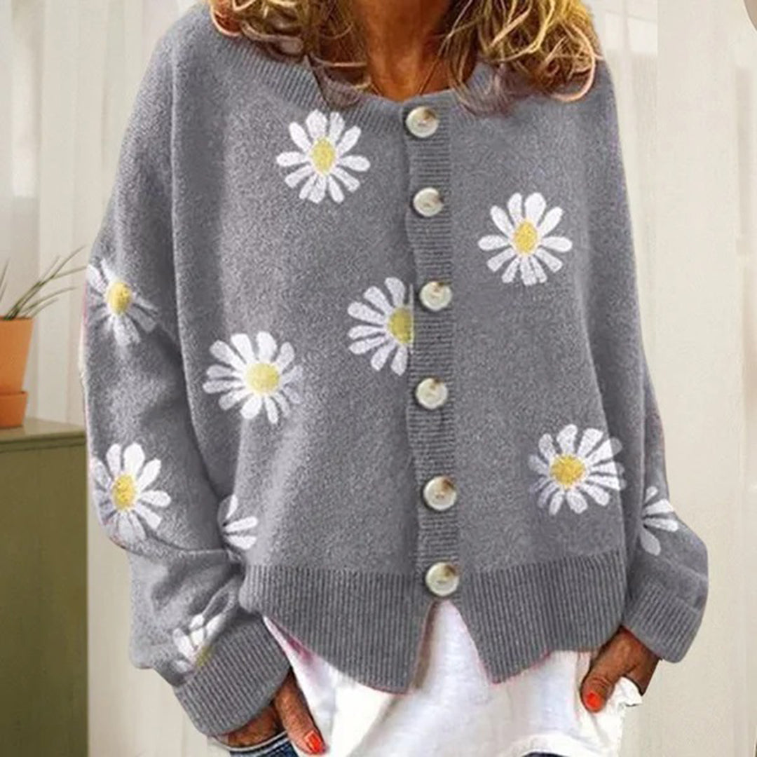 Gebreid vest met knopen en stijlvol bloemenpatroon – Dames