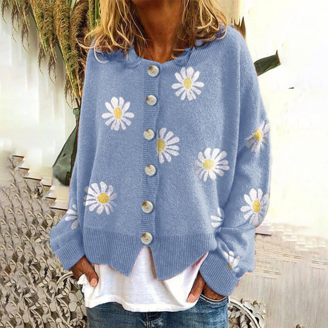 Gebreid vest met knopen en stijlvol bloemenpatroon – Dames