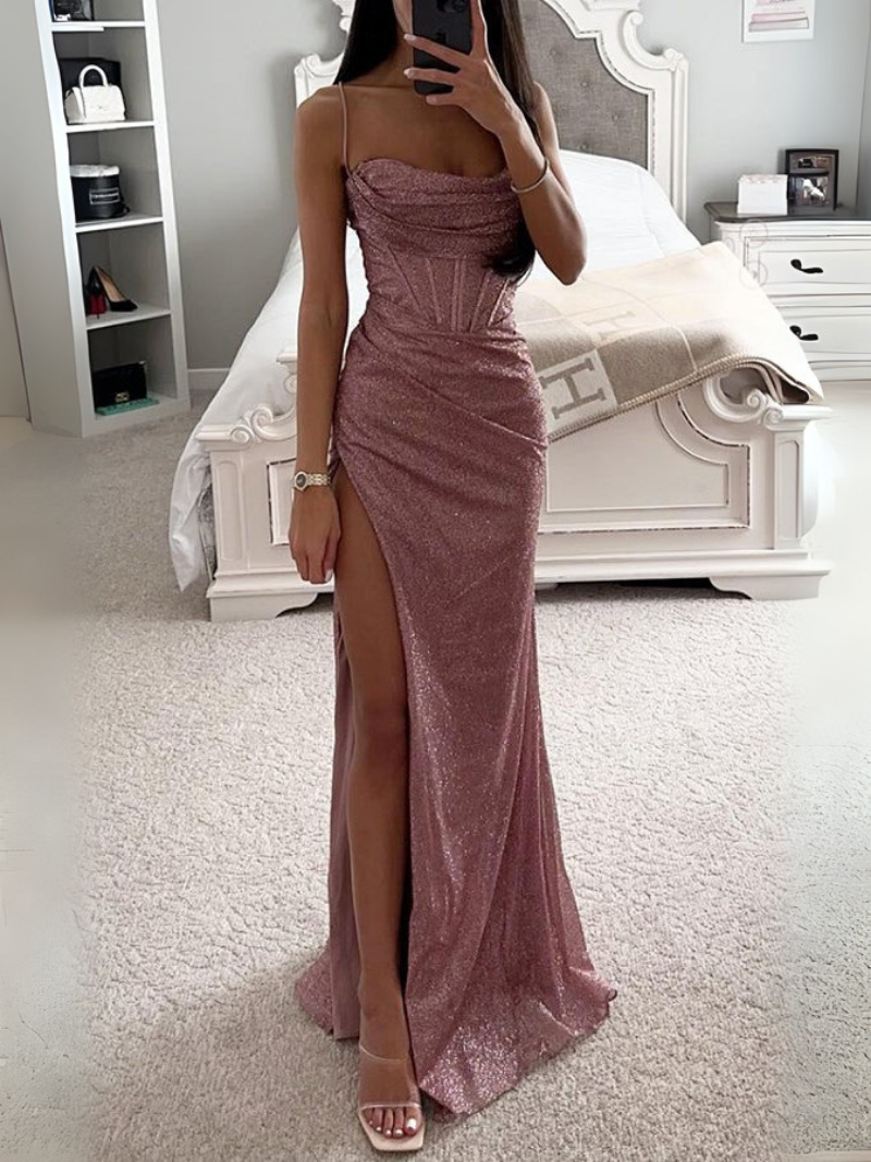 Elegante romantische pailletten maxi jurk met ronde hals en split – Dames