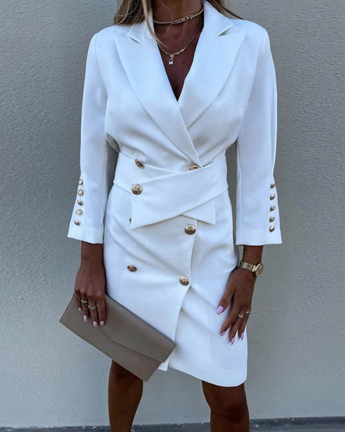 Elegante blazerjurk met dubbele knopen van polyester voor de herfst – Dames