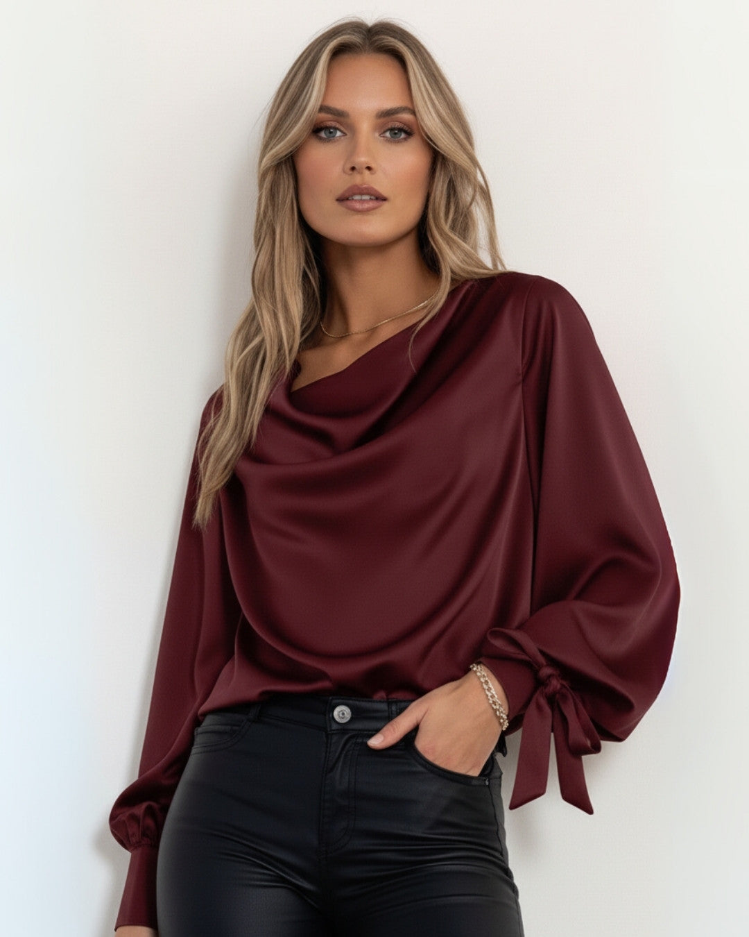 Elegante luchtige satijnen oversized top met wijde mouwen - Dames