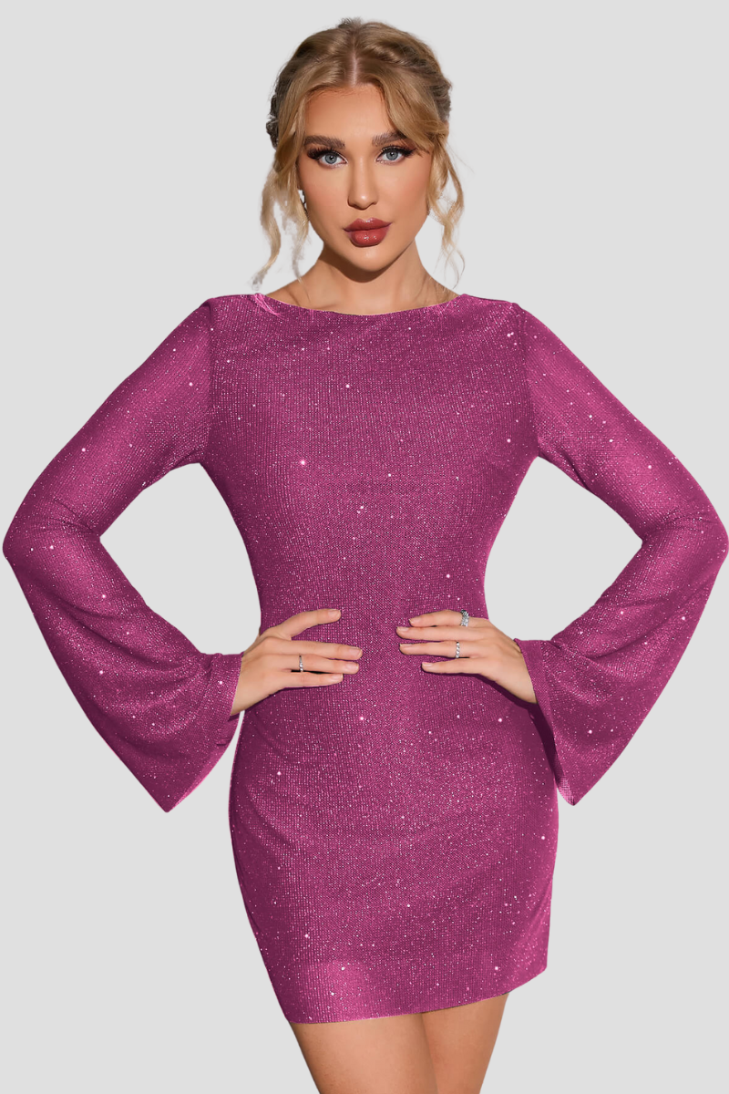 Stijlvolle luchtige glitter jurk met open rug en lange mouwen - Dames