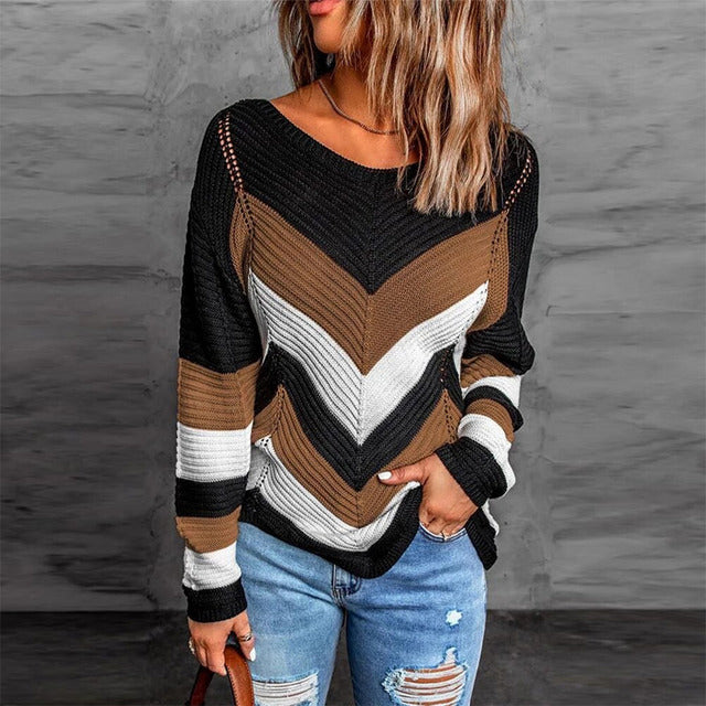 Casual gestreepte patchwork trui met ronde hals – Dames