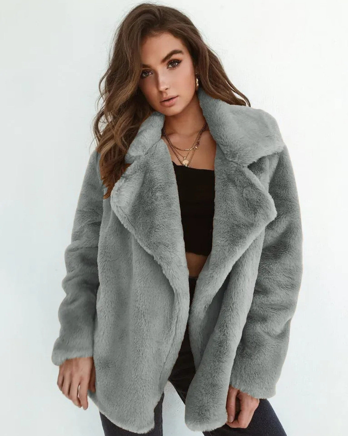Geraffineerde winterjas van pluche met reverskraag – Dames