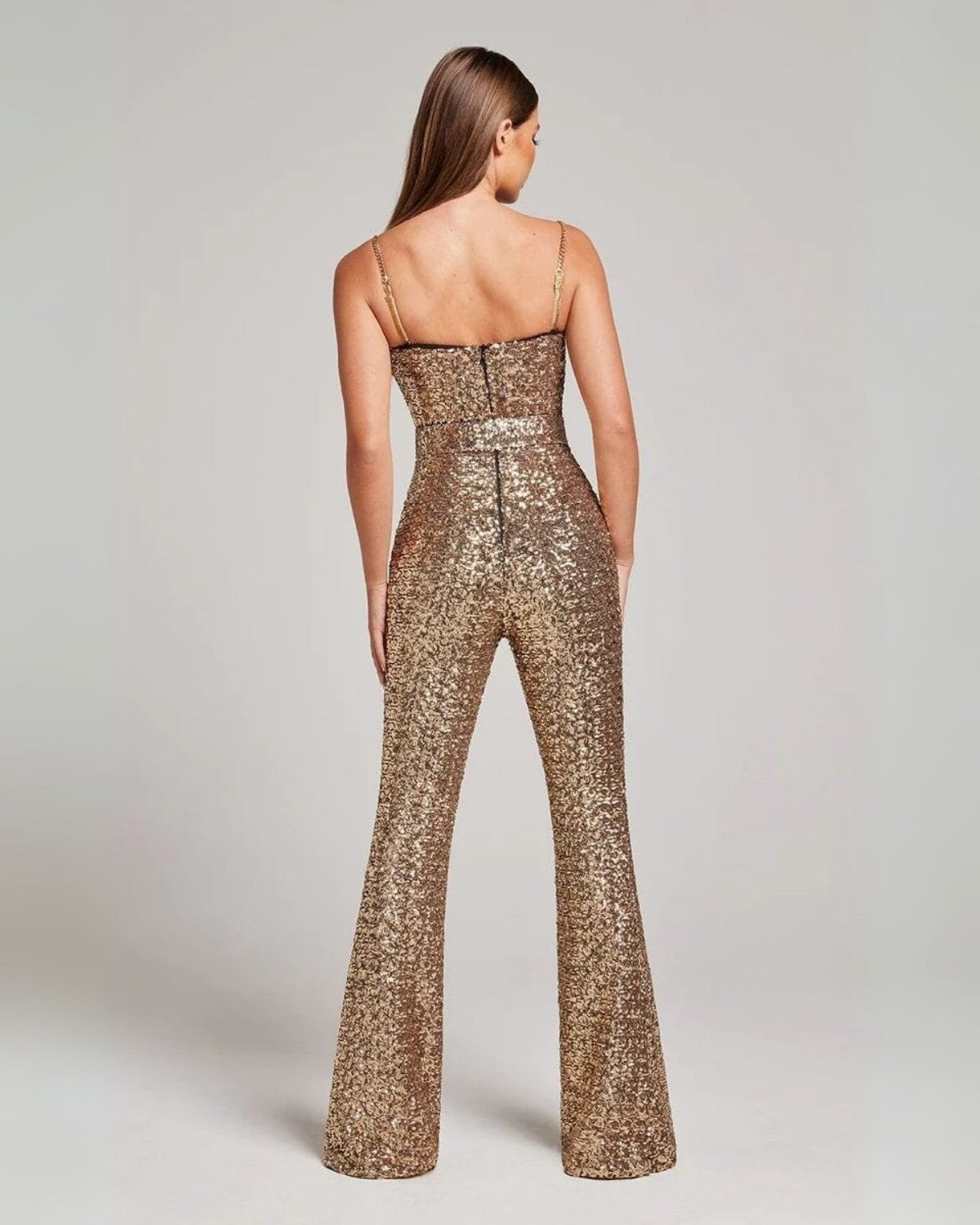 Glinsterende jumpsuit met taille riem van rekbare stof – Dames