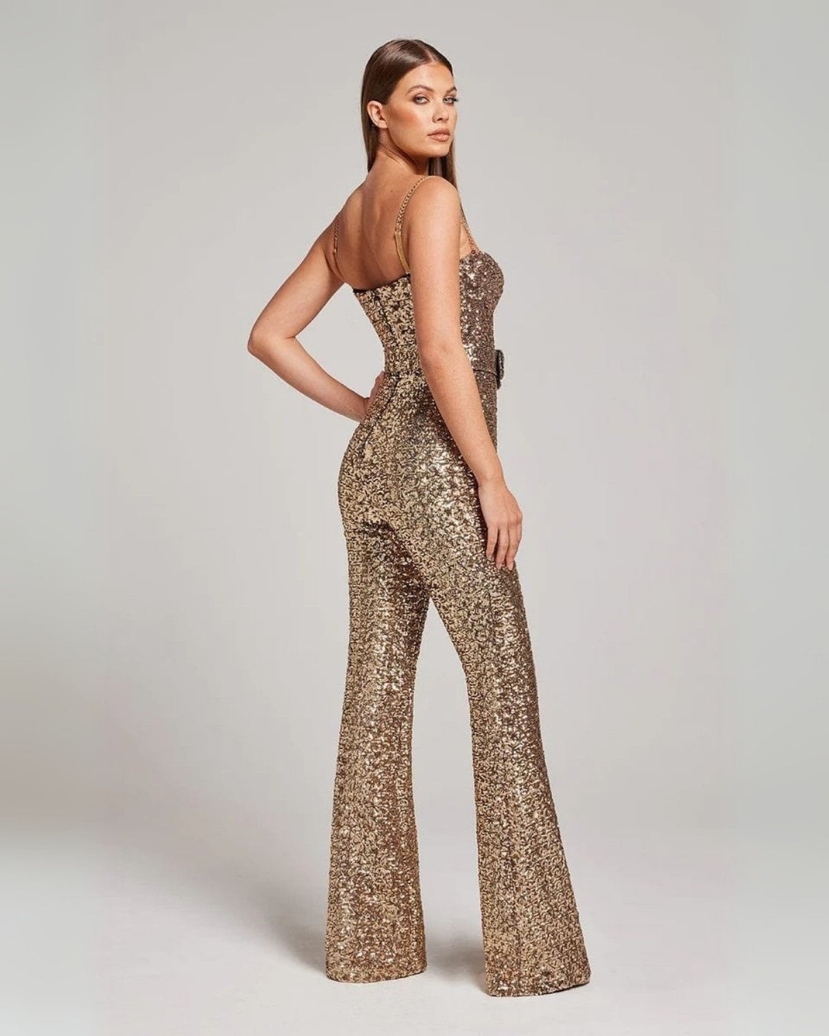 Glinsterende jumpsuit met taille riem van rekbare stof – Dames