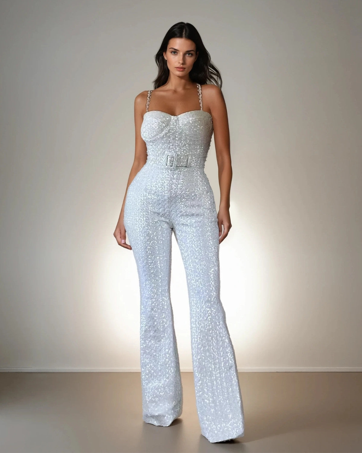 Glinsterende jumpsuit met taille riem van rekbare stof – Dames