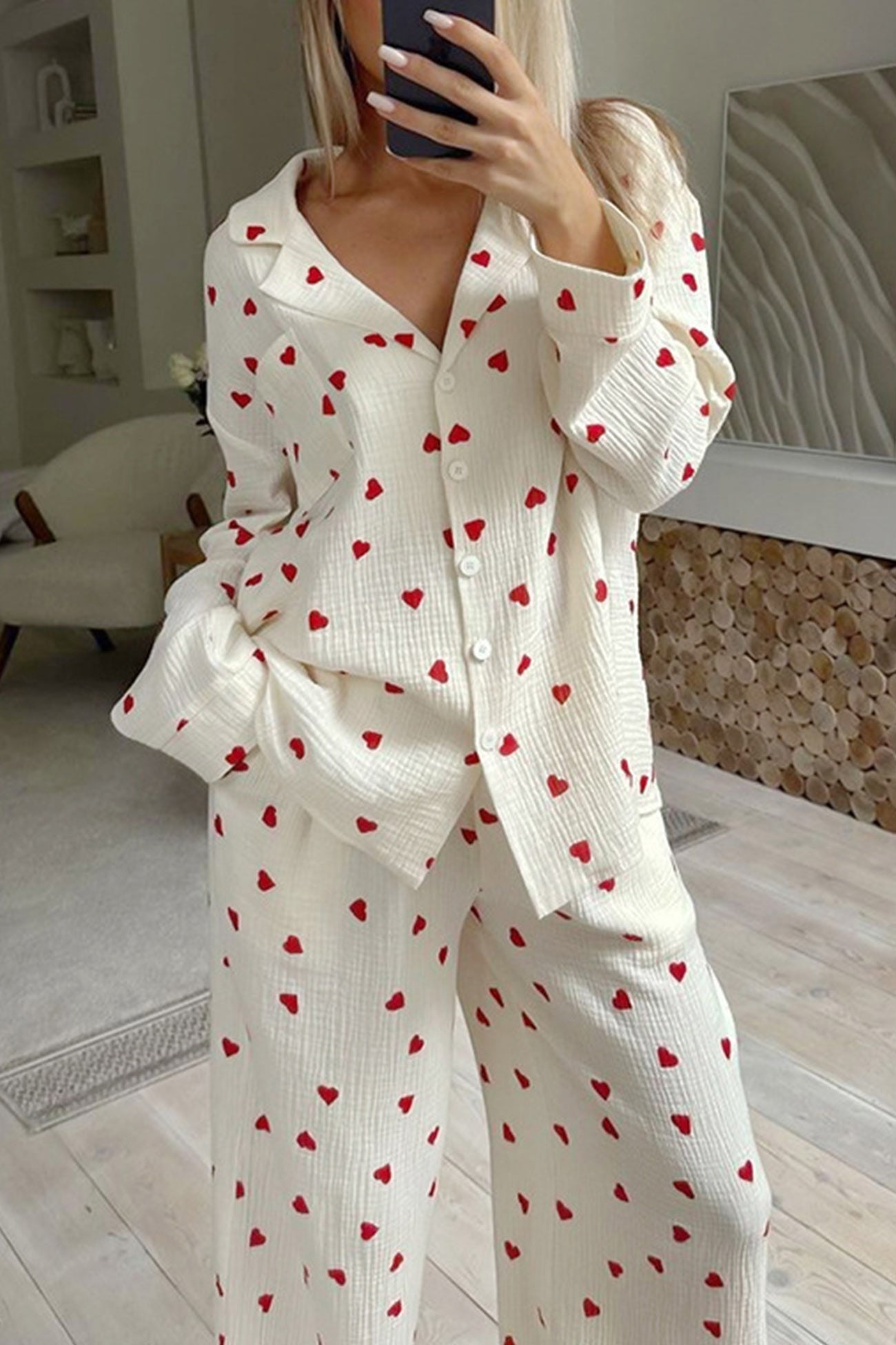 Romantische winter pyjama met hartjesprint en luxe zachte stof – Dames