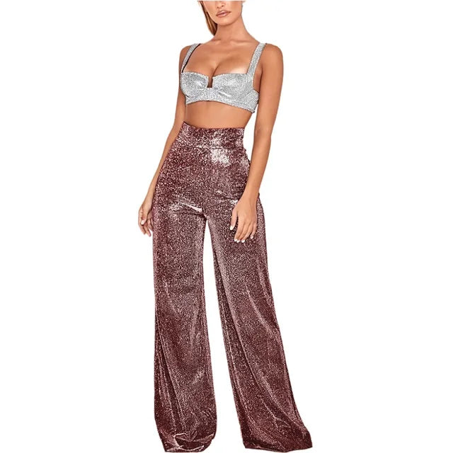 Stijlvolle hoge taille glitter broek - Dames