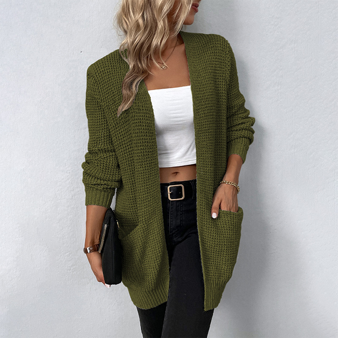 Elegant lang vest met V-hals en zakken – Dames