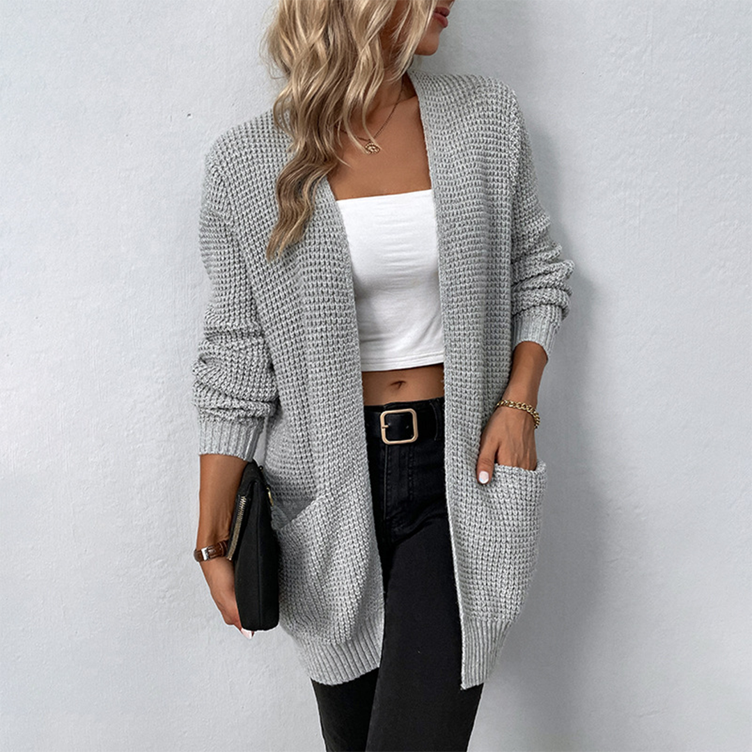 Elegant lang vest met V-hals en zakken – Dames