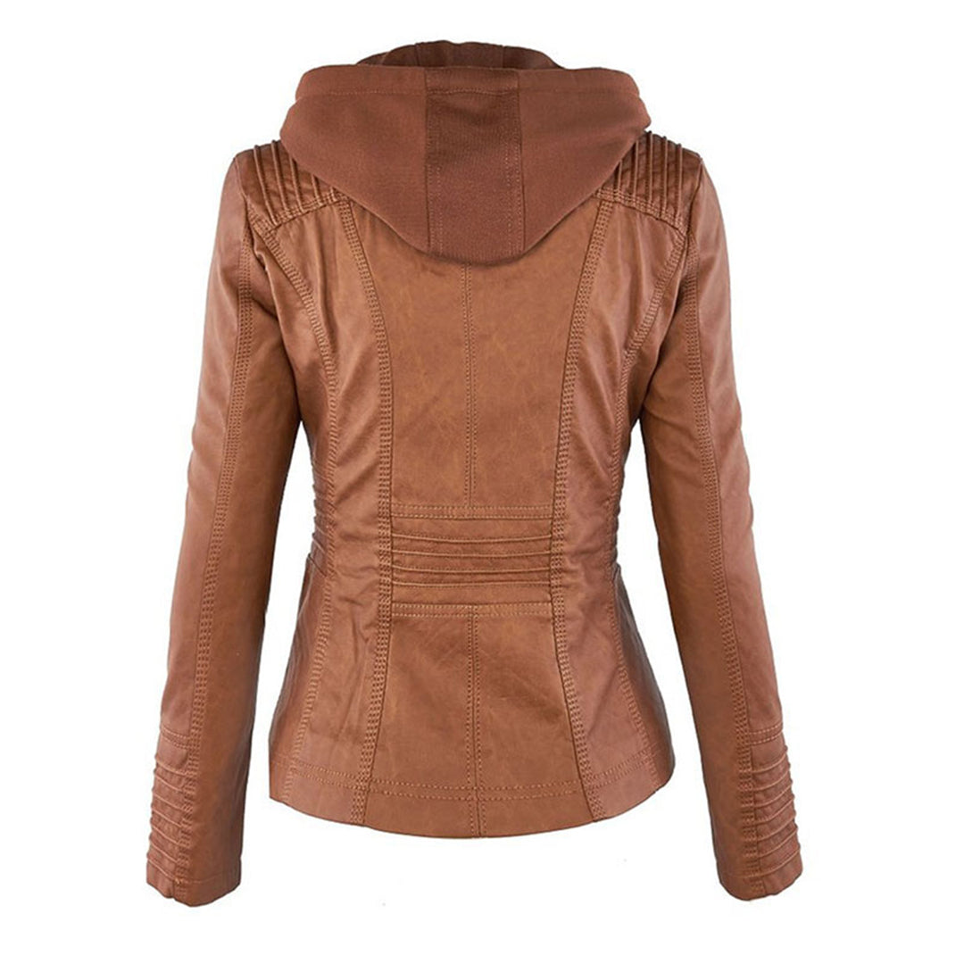 Korte leren jas met afneembare capuchon – Dames