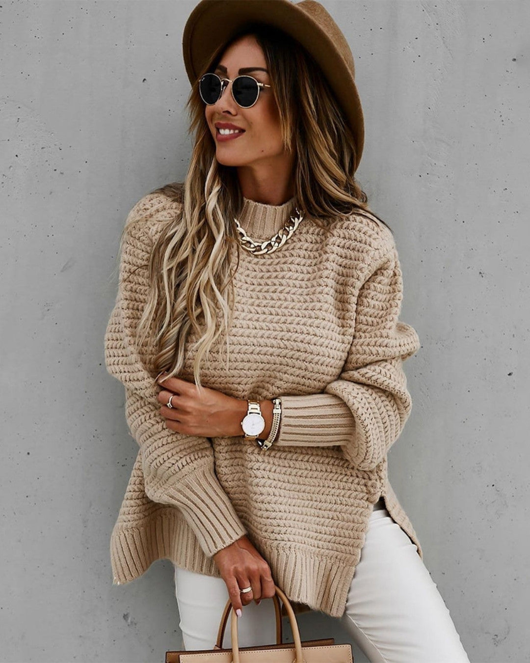 Lange gebreide trui met grof design en warme pasvorm – Dames