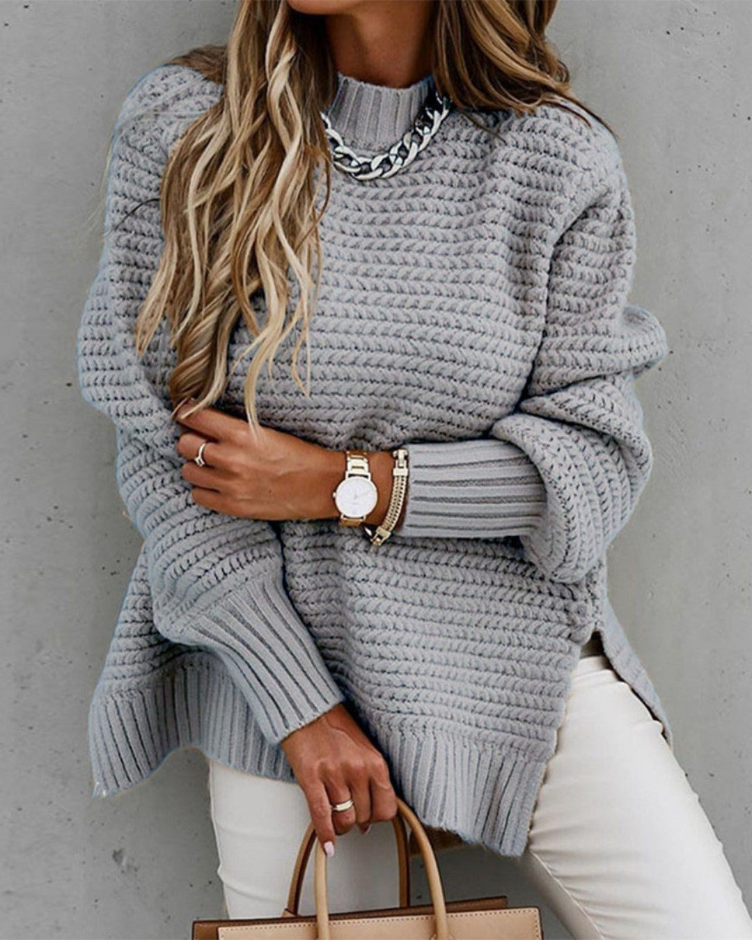 Lange gebreide trui met grof design en warme pasvorm – Dames
