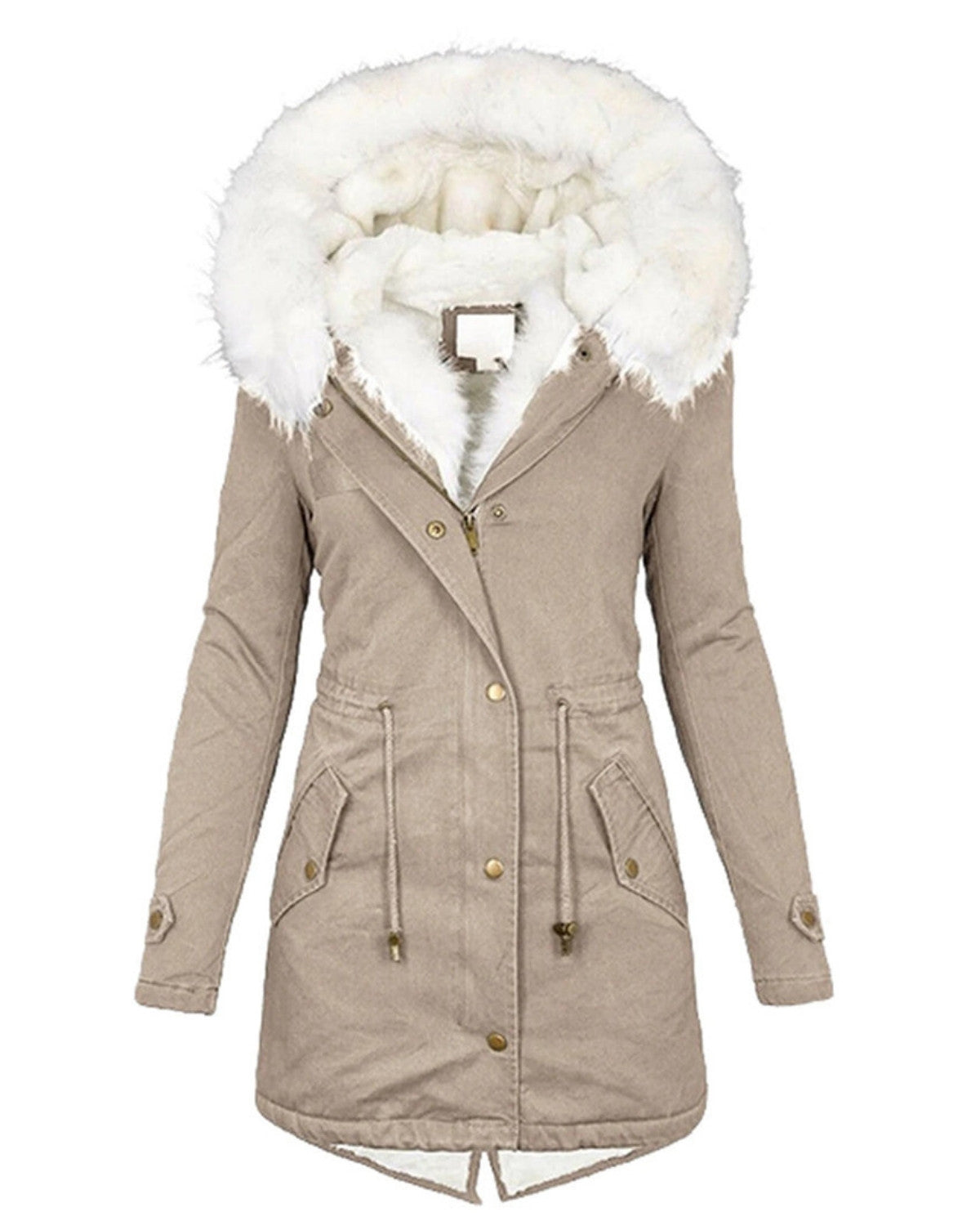 Lange waterdichte winterjas met witte bontkraag – Dames